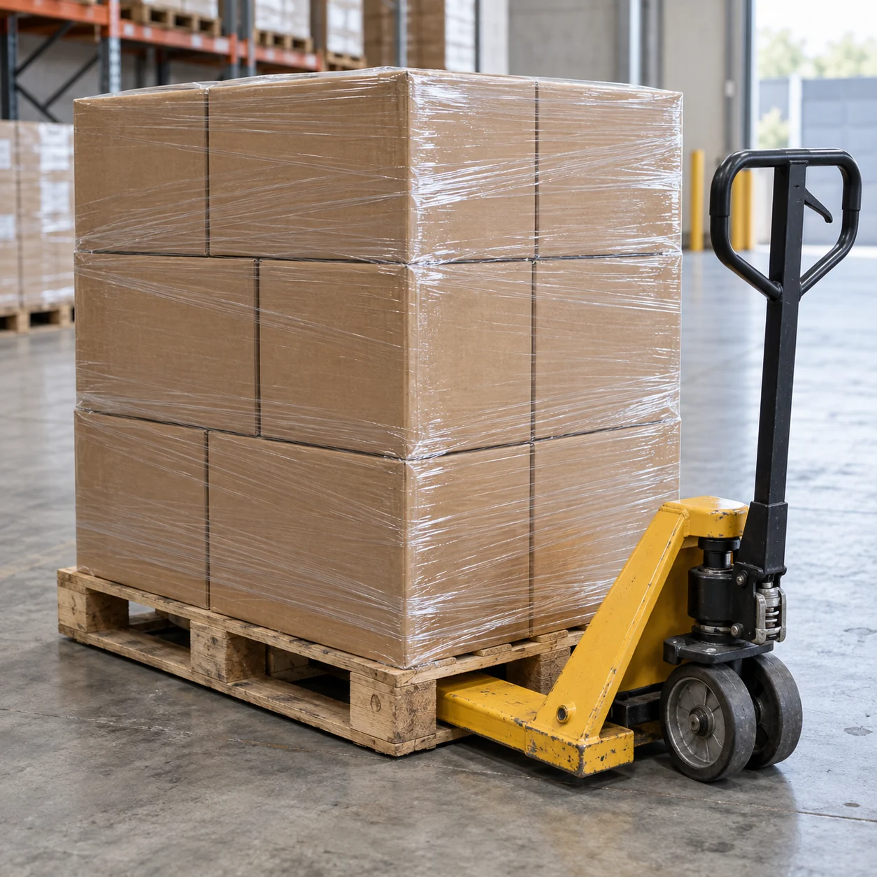 Wrapped cartons on a wooden pallet beside a manual pallet jack, an illustrative warehouse detail