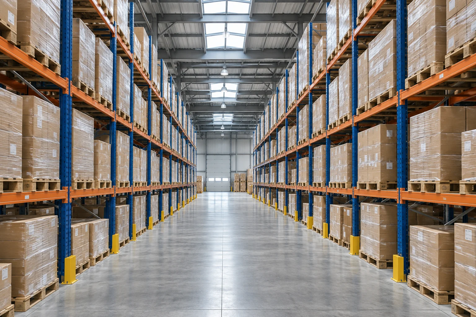 An industrial warehouse with blue pallet racks and organized goods, an illustrative warehouse scene
