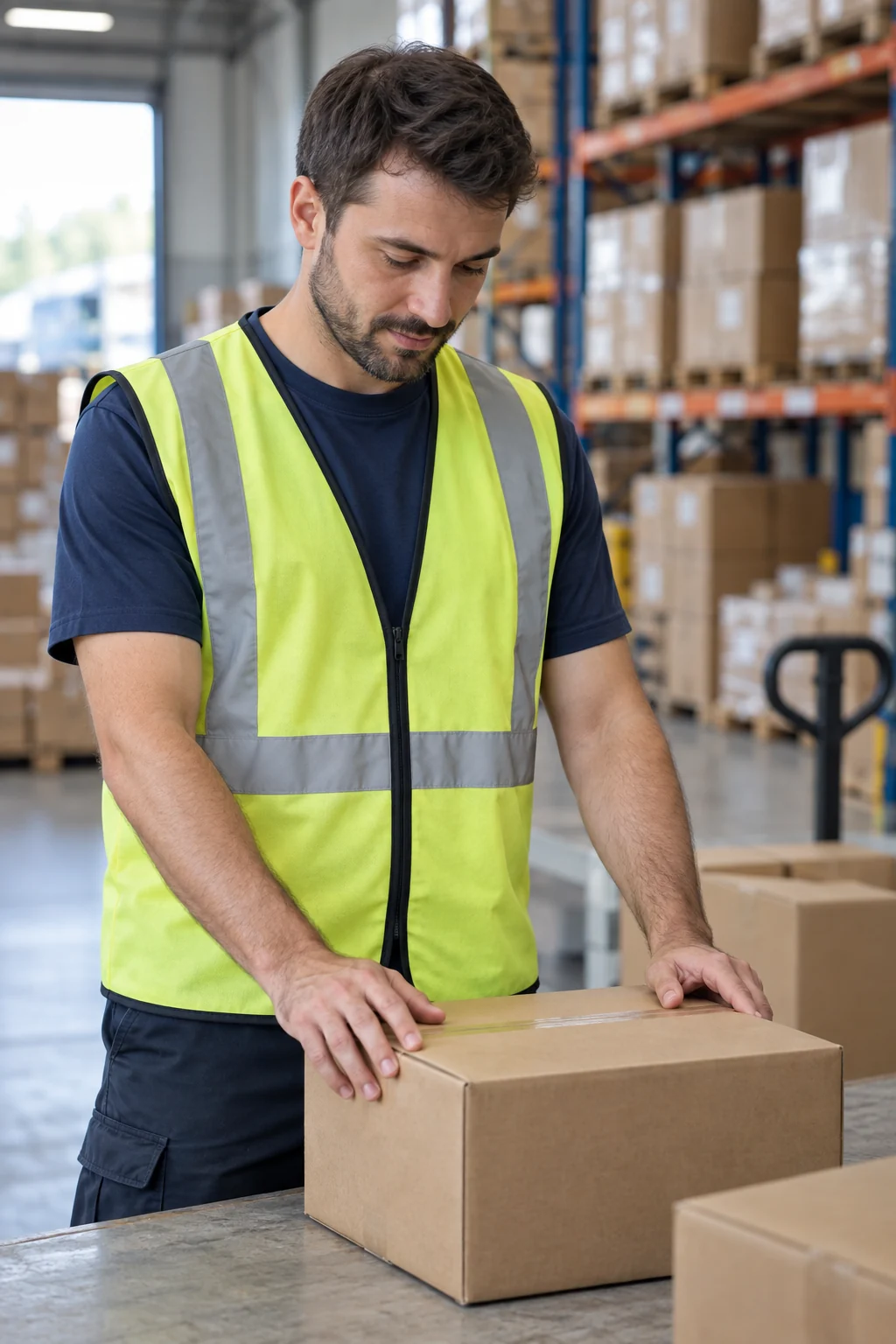 A warehouse worker reviewing cartons at a worktable, an illustrative employee scene